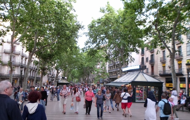 "Walking down the tree-lined Ramblas, Barcelona"