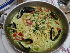 "Seafood pasta dish at Casanova restaurant in Carmel, California"