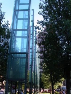 "The tall towers of the New England Holocaust Memorial in Boston, Massachusetts"