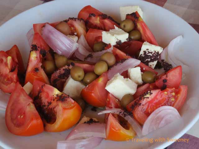 Salad with olives, tomatoes, onions & cheese