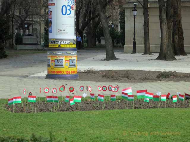 "Flags in honor of March 15th, a Hungarian national holiday at the National Museum in Budapest"