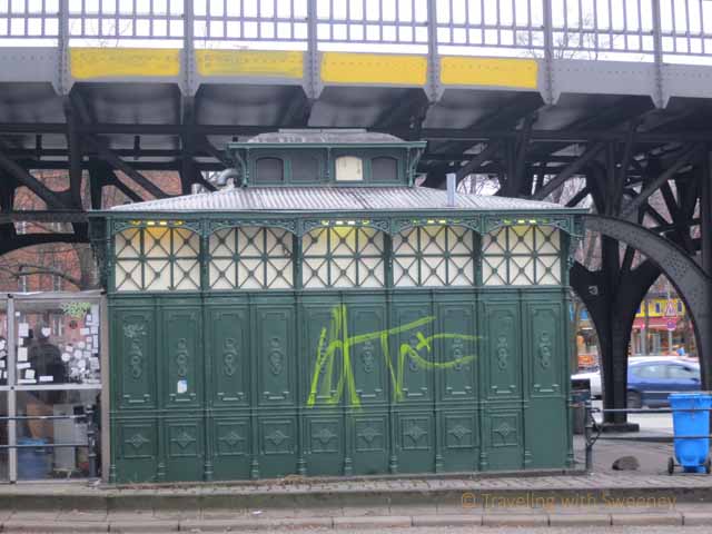 "Former WC on street of Kreuzberg Berlin is now a hamburger stand"