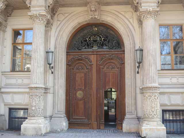 "Exterior wooden doors of Andrassy University, Budapest"