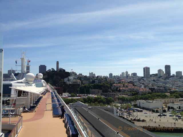 "Coit Tower and San Francisco skyline seen from the upper deck of the Celebrity Solstice at Pier 35"