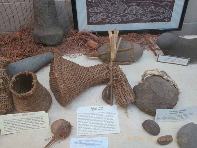 "Artifacts in Hana Cultural Center - basket traps, octopus lure, fishing weights"