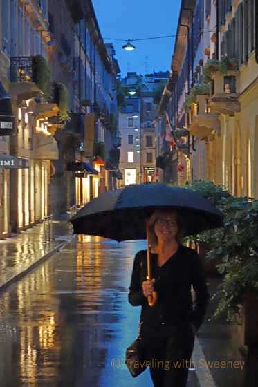 "On Via Gesù by the Four Seasons in the rain, Milan"
