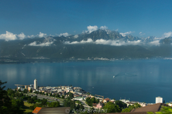 "Panoramic view of Lake Geneva from the Swiss Chocolate Train from above Montreux"