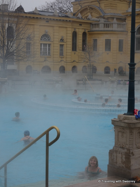 "Thermal waters of an outdoor pool at the famous Budapest spa, Széchenyi Baths"