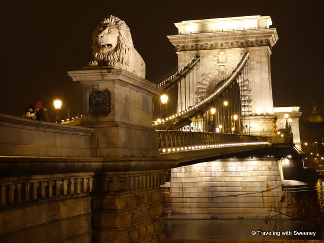 "Chain Bridge over the Danube linking the Buda and Pest sides of Budapest at night"