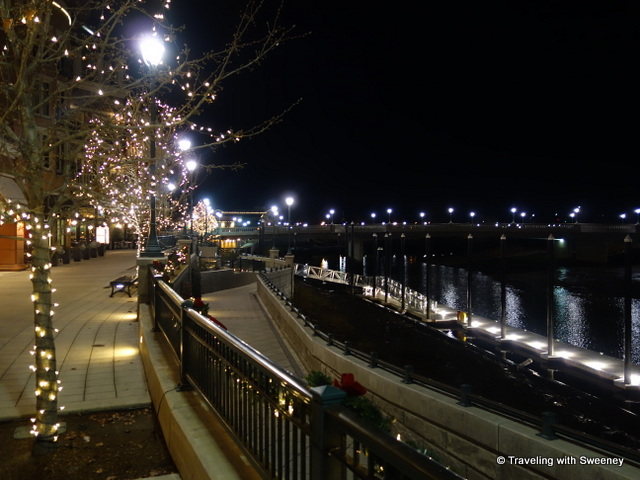 "Lights along the River Walk at night, Napa"