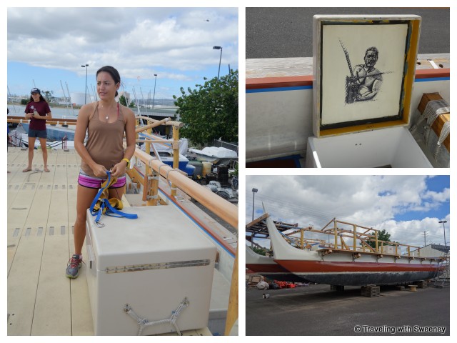 "Polynesian Voyaging Society crew and boat in Honolulu"