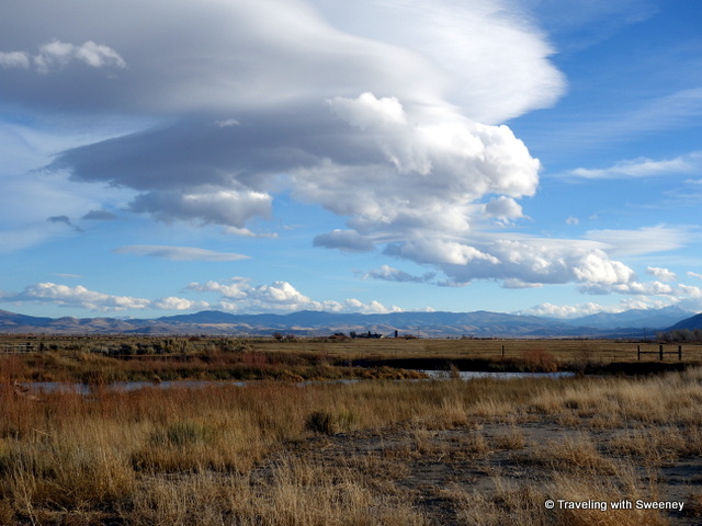 "Beauty of Carson Valley, Nevada accentuated by dramatic clouds and blue sky above"