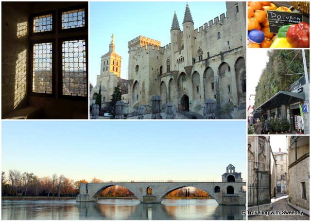 "Windows and exterior of the Palais des Papes, vegetables at Les Halles, a narrow street of the old city, and the Pont d'Avignon, Provence, France"