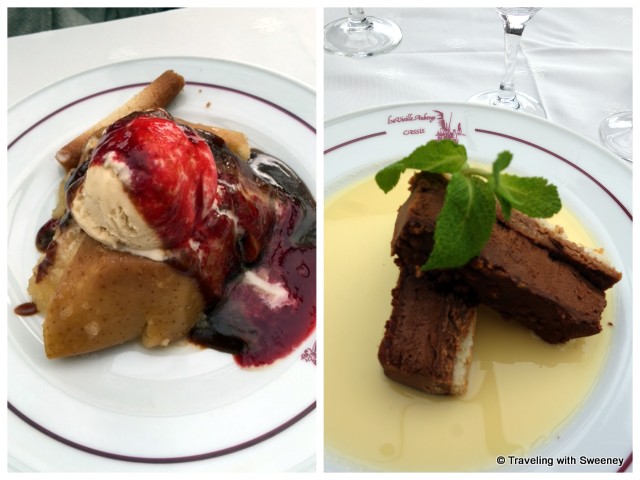 "Delectable desserts at La Vielle Auberge: La Pomme chaud-froid (hot apples with ice cream), Le Gâteau au chocolat (chocolate cake)"