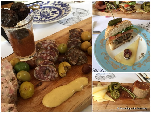 From top right: Guinea fowl burger with sea parsley, lemon zest, tomato and cheese; Guinea fowl liver with jam, peppers, cheese; sampler of regional meats, seal appetizer, and cheeses, olives and condiments