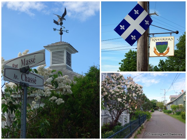 Characteristic weather vane on a Kamouraska home along one of the its short and lovely residential side streets; Kamouraska sign and Québec flag 