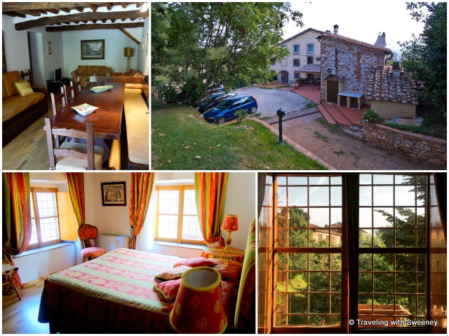 From top right: Renovated farmhouse with Vera private apartments, Vera 3 dining and living area, one of three bedrooms in Vera 3, and lovely early morning view through bedroom window