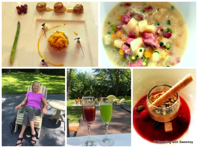 From top left: Seared scallops, risotto cake, curry pineapple-mango relish, asparagus and beets; lamb chowder with seasoned cheese curds, croutons, dressing and fresh biscuits; maple pudding with granola, raspberries, lychee, and jelly beans; relaxing on the back terrace with cocktails before lunch