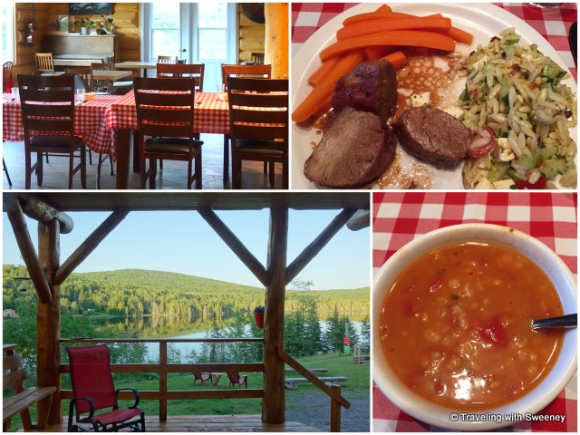 From top left: Domain Valga dining room; our comfort food meal of pork loin, orzo and lentil soup; the gorgeous view from the front porch of the inn