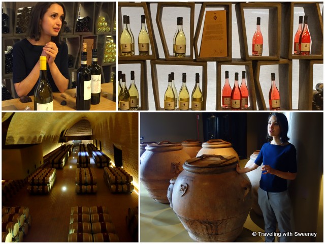 From top left: Time for tasting after the tour; alluring display of wine bottles in the shop; terracotta vats for olive oil production; vaulted wine cellar