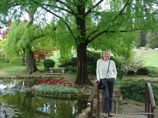 A very pretty spot in the gardens with a bridge over the lily pond at Parco Sigurta