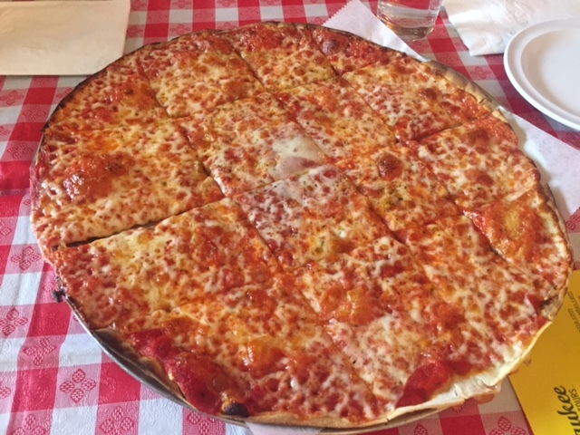Cracker-thin crust cheese pizza at Zaffiro's Pizza on Farwell in Milwaukee