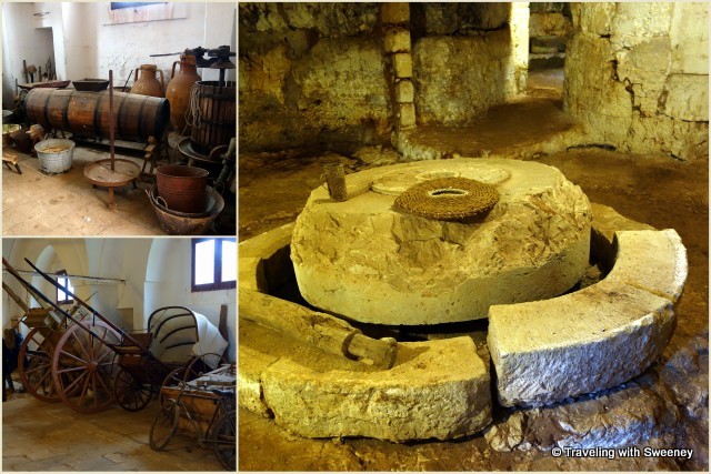 Left -- Old masseria artifacts; Right -- Inside the underground olive mill at Antica Masseria Brancati